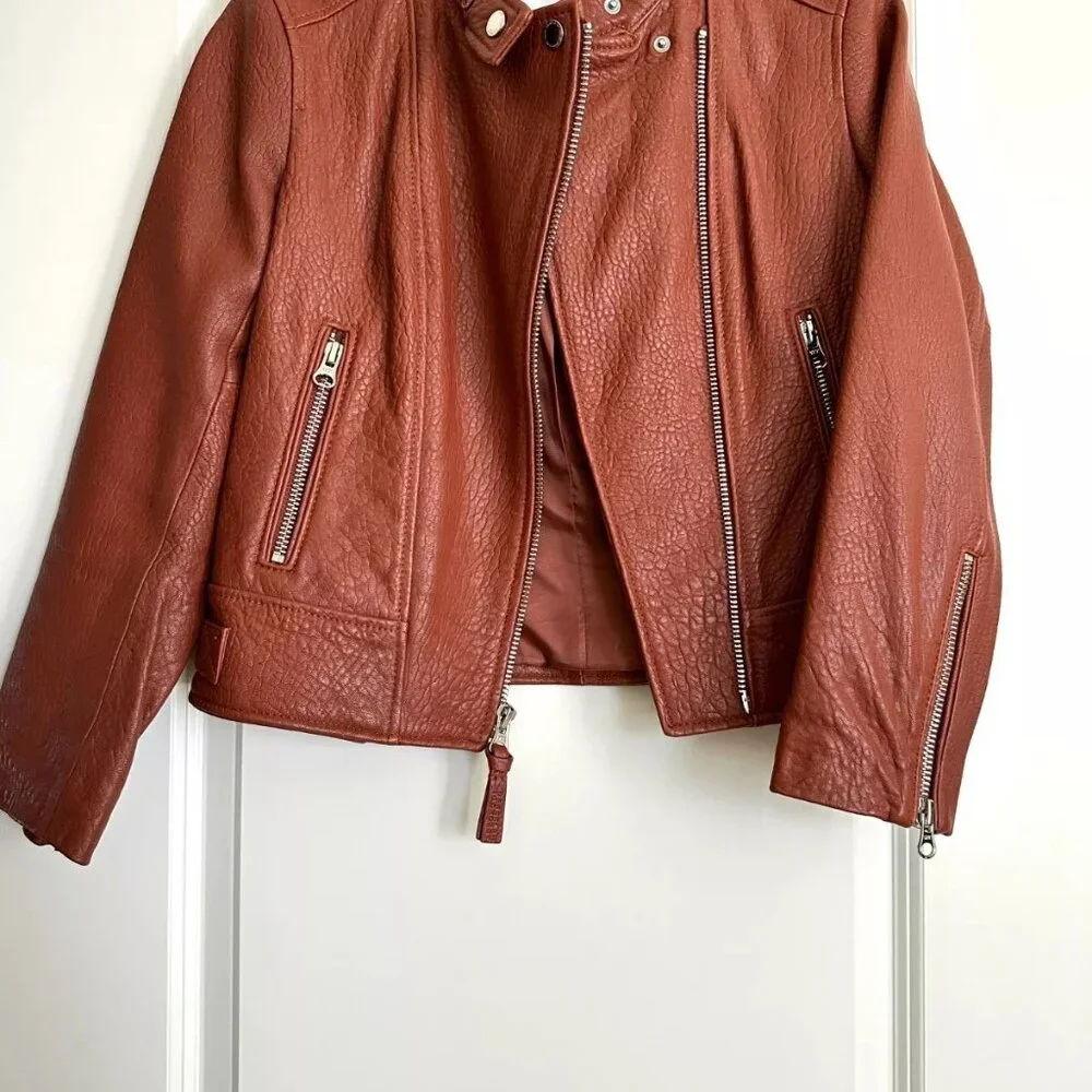 Women's DEREK LAM 10 Crosby Cognac Lambskin Leather Moto Jacket - Size S